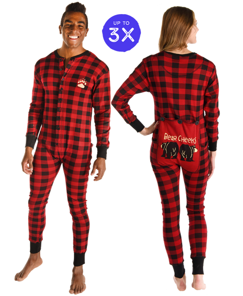 lazy one Bear Cheeks Adult Plaid Onesie Flapjack