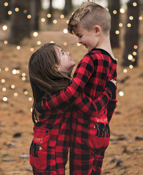 Lazy One Bear Cheeks Kid Plaid Onesie Flapjack