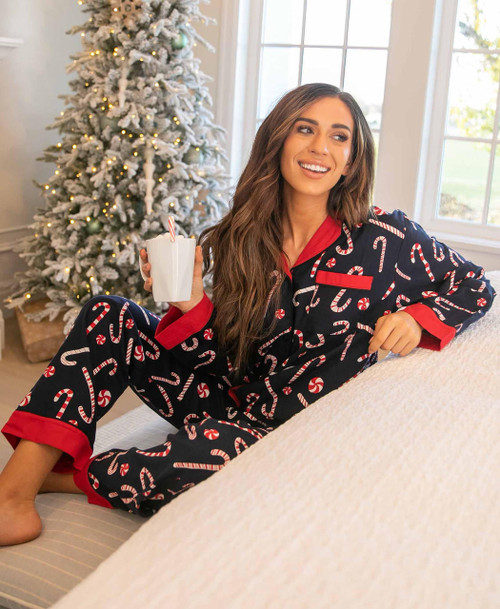 Lazy One Candy Cane Women's Button Down Pajama Set