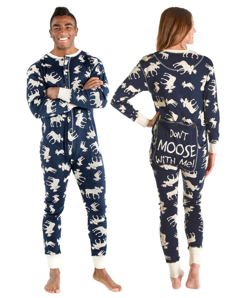 lazy one Classic Moose Adult Blue Onesie Flapjack