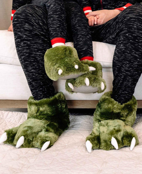 Lazy One Green Dino Kids And Adult Paw Slipper
