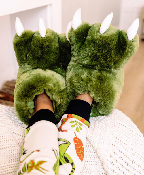Lazy One Green Dino Kids And Adult Paw Slipper