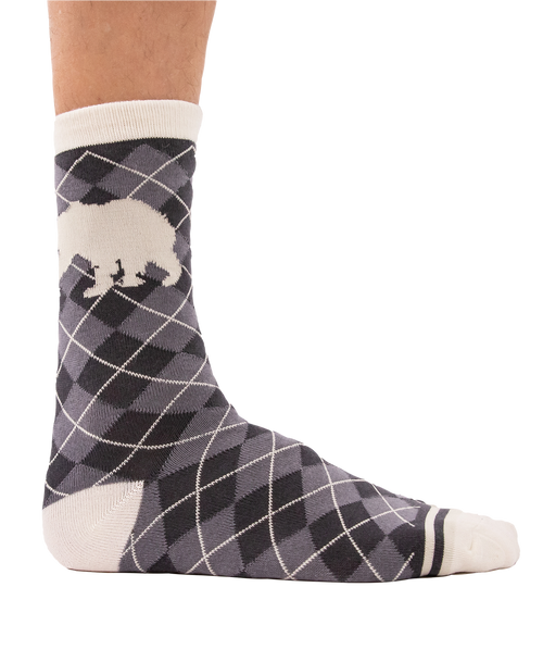 Lazy One Grey Argyle Bear Crew Sock
