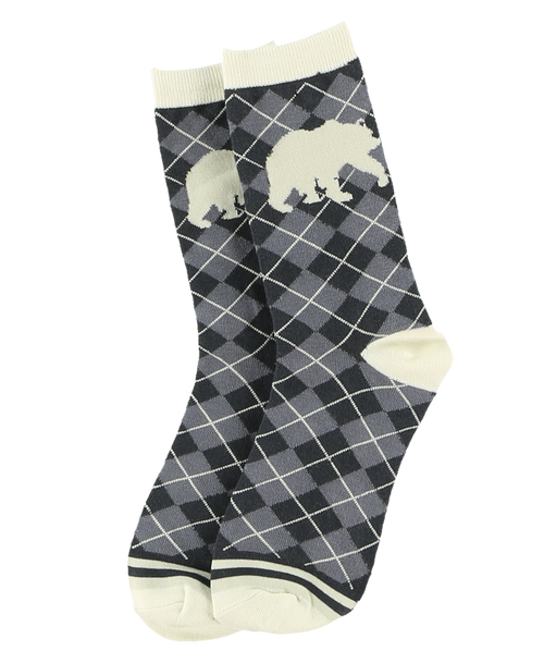Lazy One Grey Argyle Bear Crew Sock