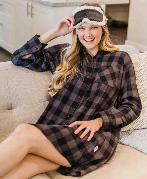 Lazy One Grey Plaid Flannel Button Nightshirt