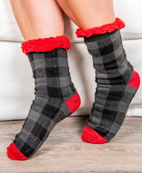 Lazy One Grey Plaid Plush Sock