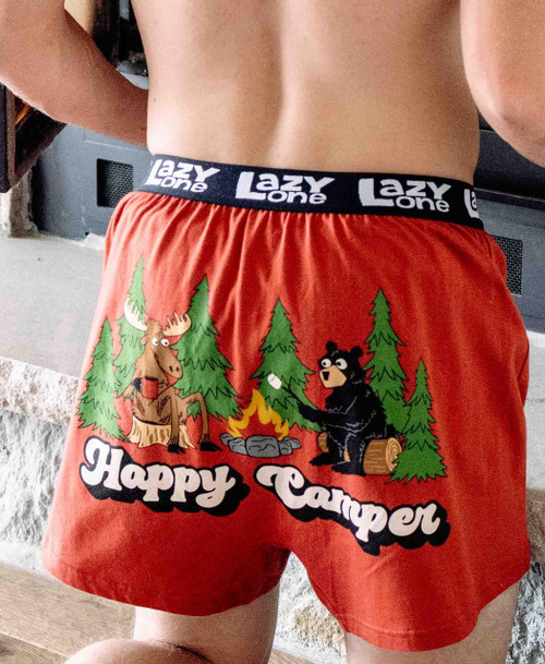Lazy One Happy Camper Men's Funny Red Boxer