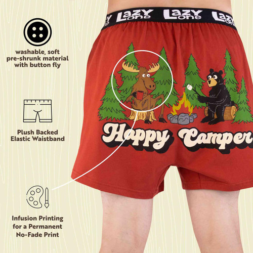 Lazy One Happy Camper Men's Funny Red Boxer