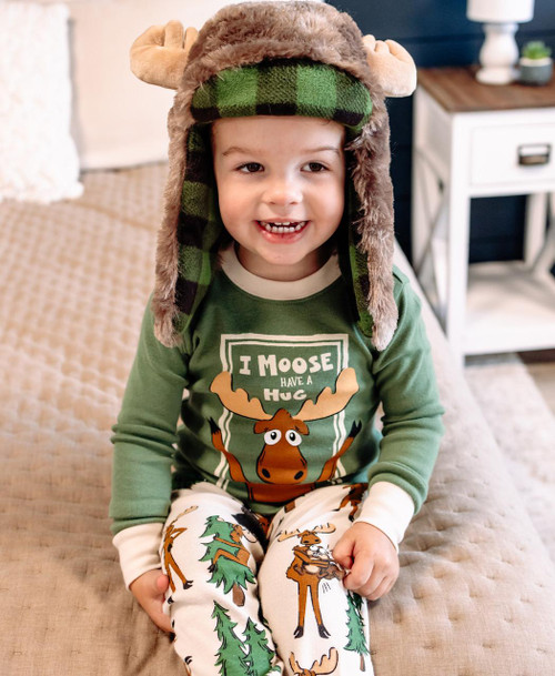Lazy One Moose Hug Kid's Long Sleeve Green Pajamas