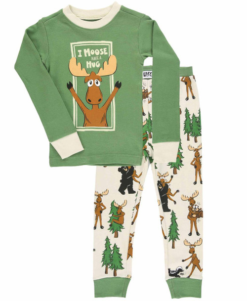 lazy one Moose Hug Kid's Long Sleeve Green Pajamas