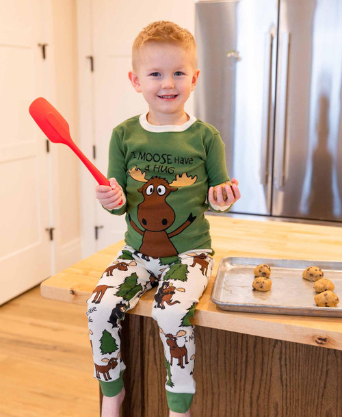 Lazy One Moose Hug Kid's Long Sleeve Green PJ's