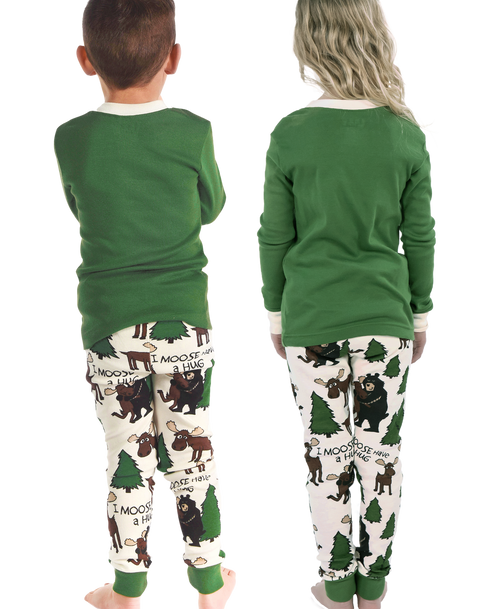 Lazy One Moose Hug Kid's Long Sleeve Green PJ's