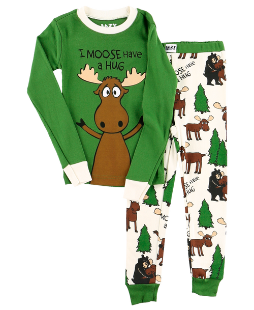 Lazy One Moose Hug Kid's Long Sleeve Green PJ's