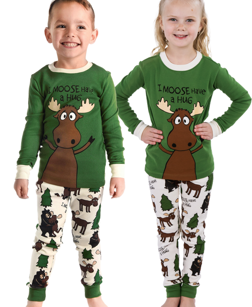 lazy one Moose Hug Kid's Long Sleeve Green PJ's