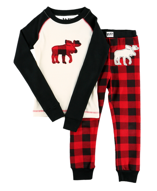 Lazy One Moose Plaid Kid's Long Sleeve PJ's