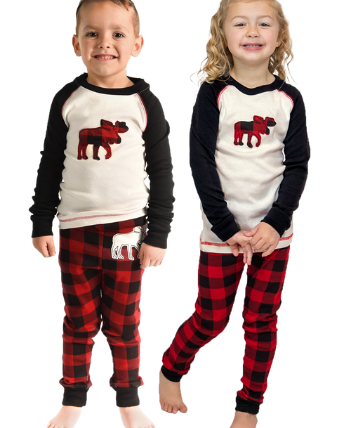 lazy one Moose Plaid Kid's Long Sleeve PJ's
