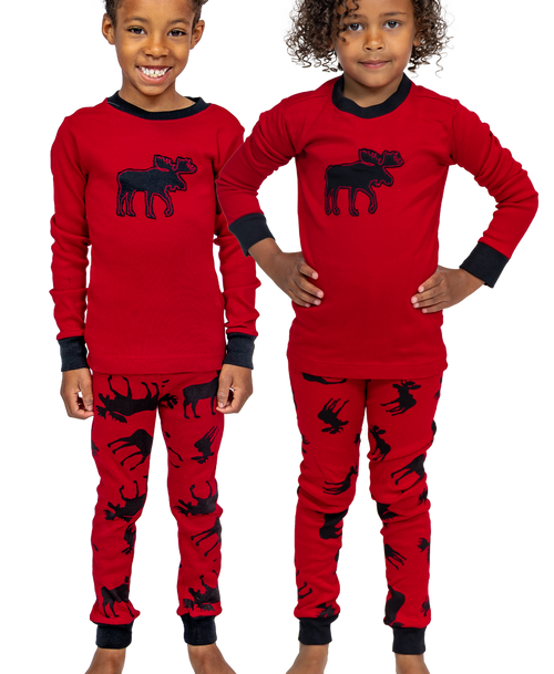 lazy one Red Classic Moose Kid's Long Sleeve PJ's