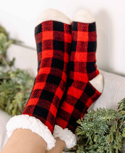Lazy One Red Plaid Plush Sock