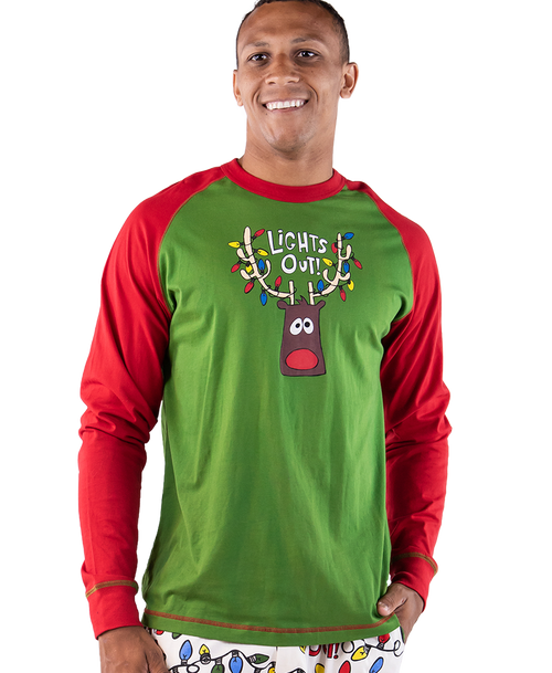 lazy one Lights Out Men's Reindeer Long Sleeve PJ Tee