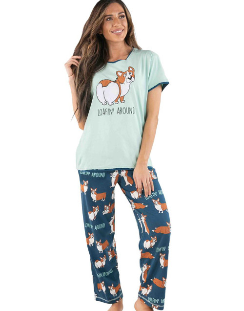 lazy one Loafin' Around Women's Regular Fit Corgi PJ Set
