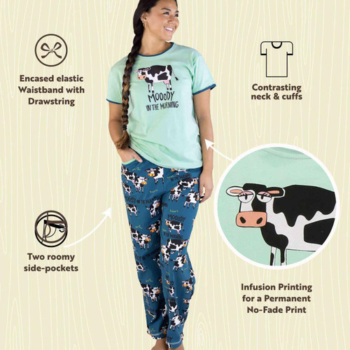 Lazy One Moody In The Morning Cow Women's Regular Fit PJ Set