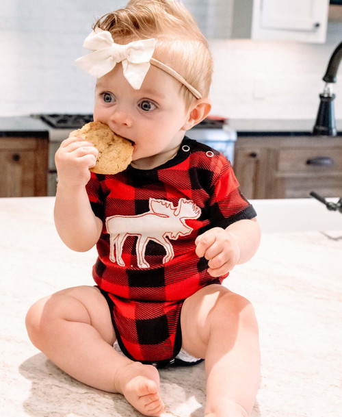Lazy One Moose Plaid Applique Infant Creeper Onesie