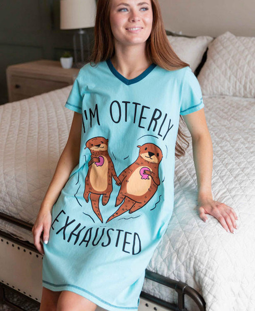 Lazy One Otterly Exhausted Light Blue Women's V-Neck Nightshirt