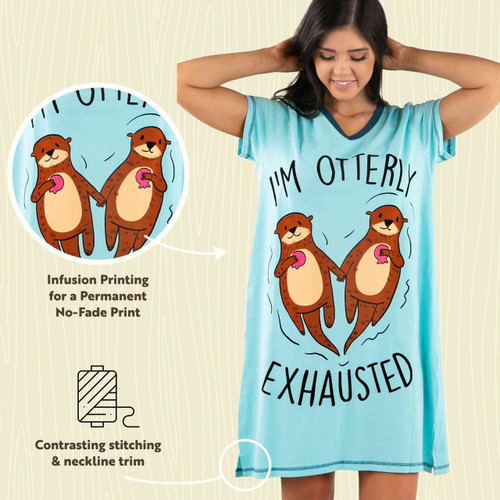Lazy One Otterly Exhausted Light Blue Women's V-Neck Nightshirt
