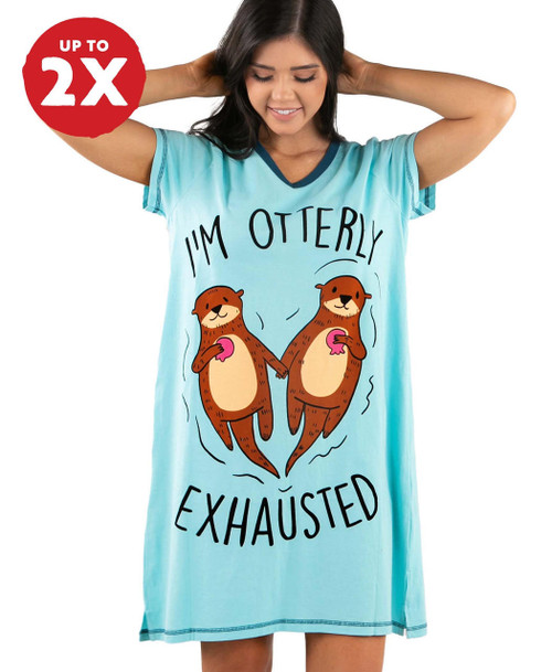 lazy one Otterly Exhausted Light Blue Women's V-Neck Nightshirt