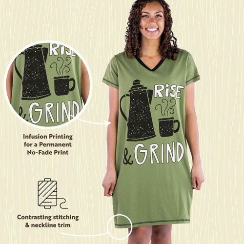 Lazy One Rise & Grind Women's Coffee V-neck Nightshirt