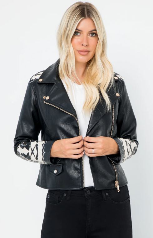 le bos 26 International Black Faux Leather Women's Moto Jacket 14443-BLKWHT