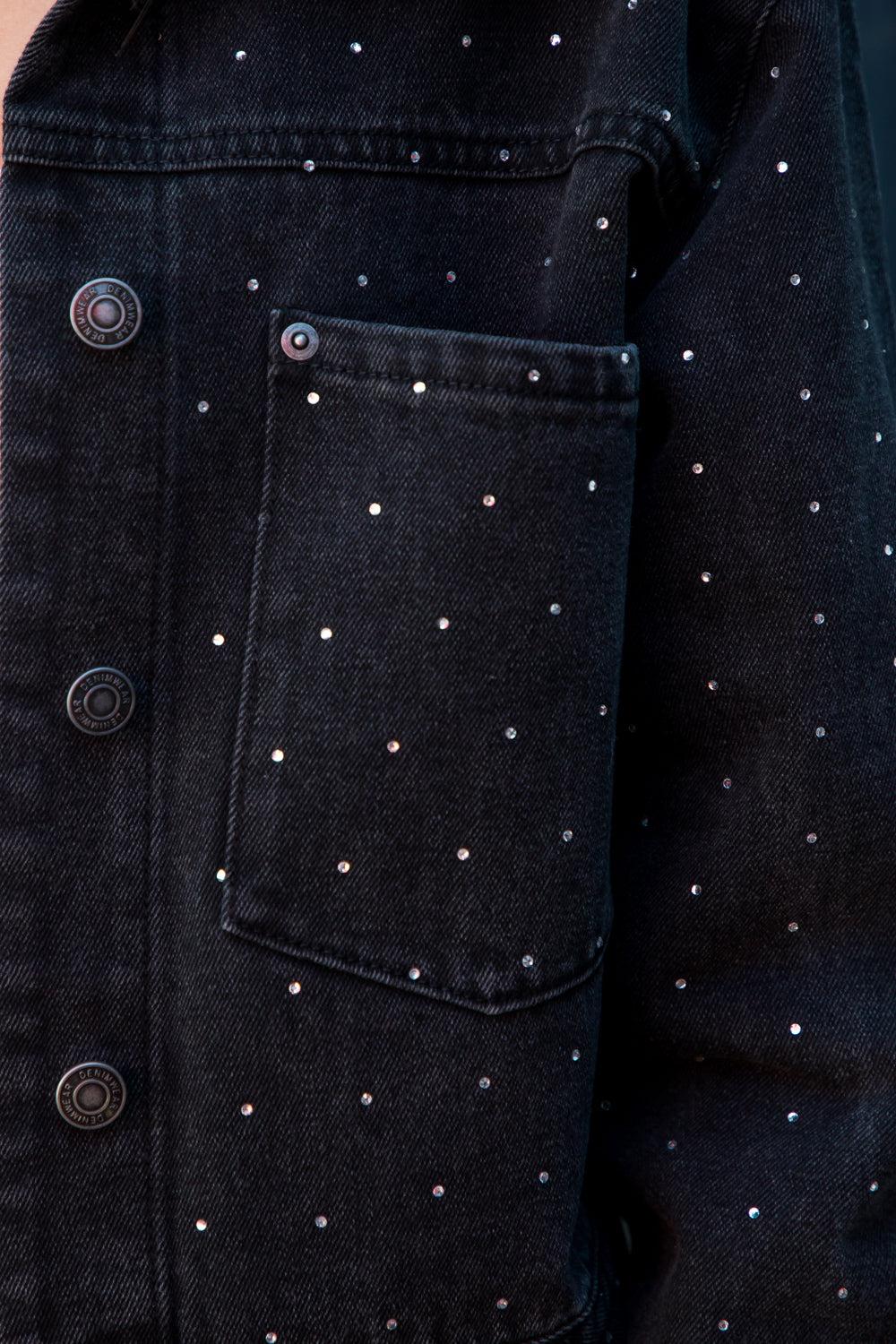 Le Bos 26 International Black Oversized Denim Trucker Jacket With Rhinestones 14997-BLK