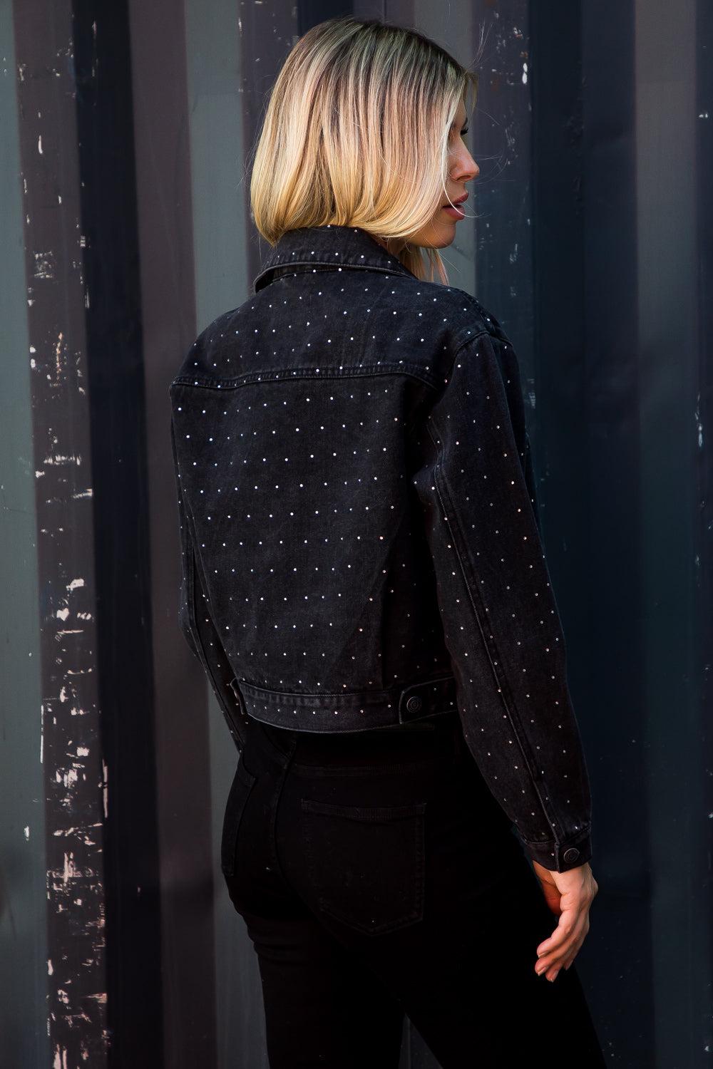 Le Bos 26 International Black Oversized Denim Trucker Jacket With Rhinestones 14997-BLK