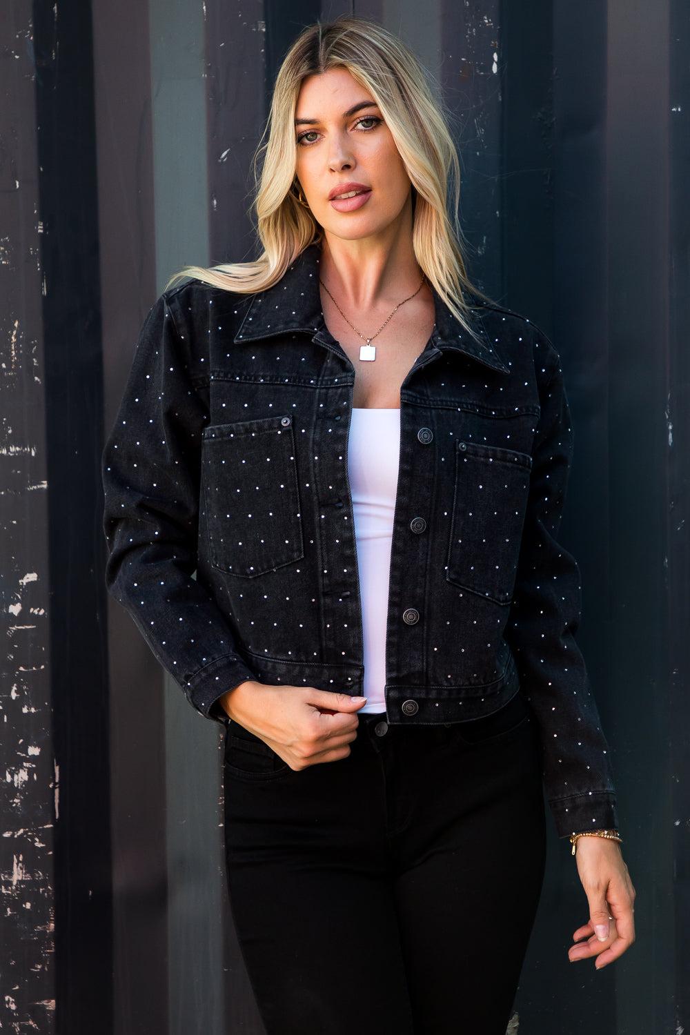 le bos 26 International Black Oversized Denim Trucker Jacket with Rhinestones 14997-BLK