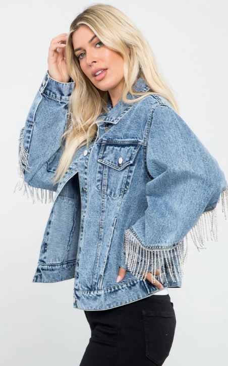 Le Bos 26 International Blue Rock Women's Rhinestone Fringe Denim Jacket SP14207-BLUE
