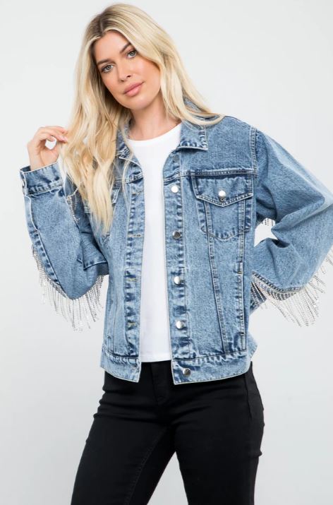 le bos 26 International Blue Rock Women's Rhinestone Fringe Denim Jacket SP14207-BLUE