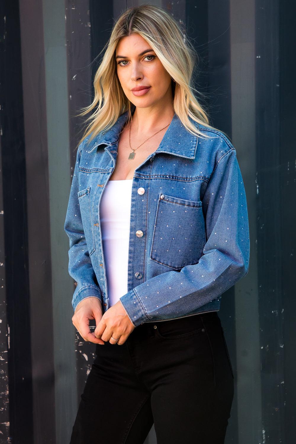 Le Bos 26 International Medium Wash Oversized Denim Trucker Jacket With Rhinestones 14997-MEDWSH