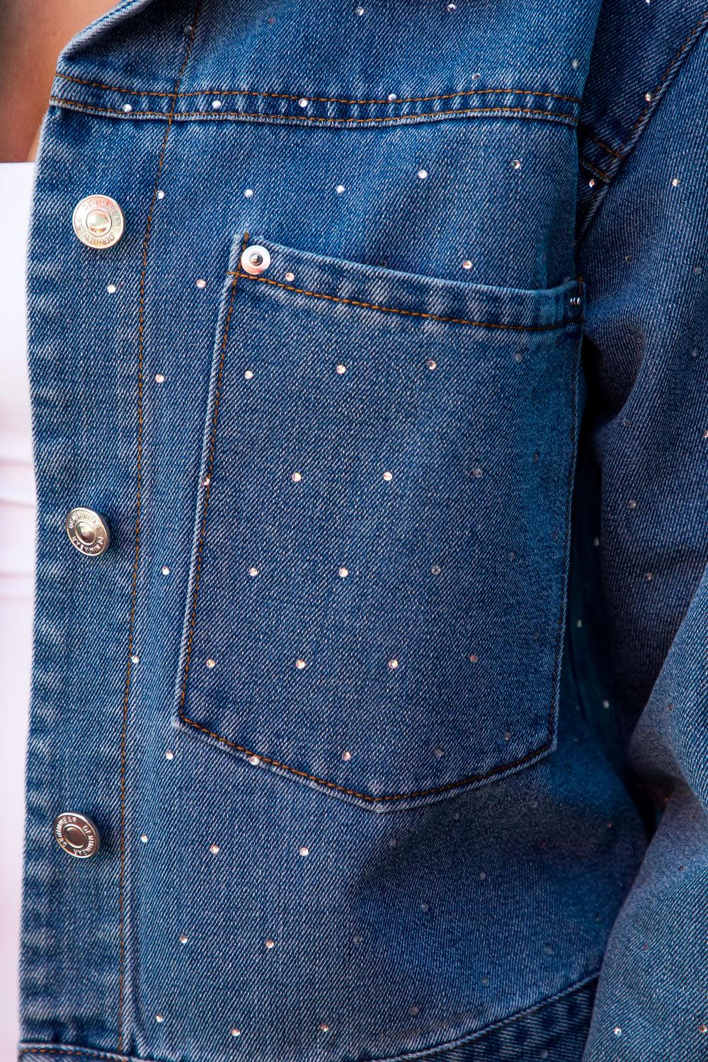 Le Bos 26 International Medium Wash Oversized Denim Trucker Jacket With Rhinestones 14997-MEDWSH