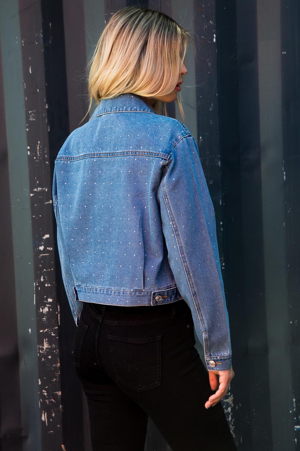 Le Bos 26 International Medium Wash Oversized Denim Trucker Jacket With Rhinestones 14997-MEDWSH