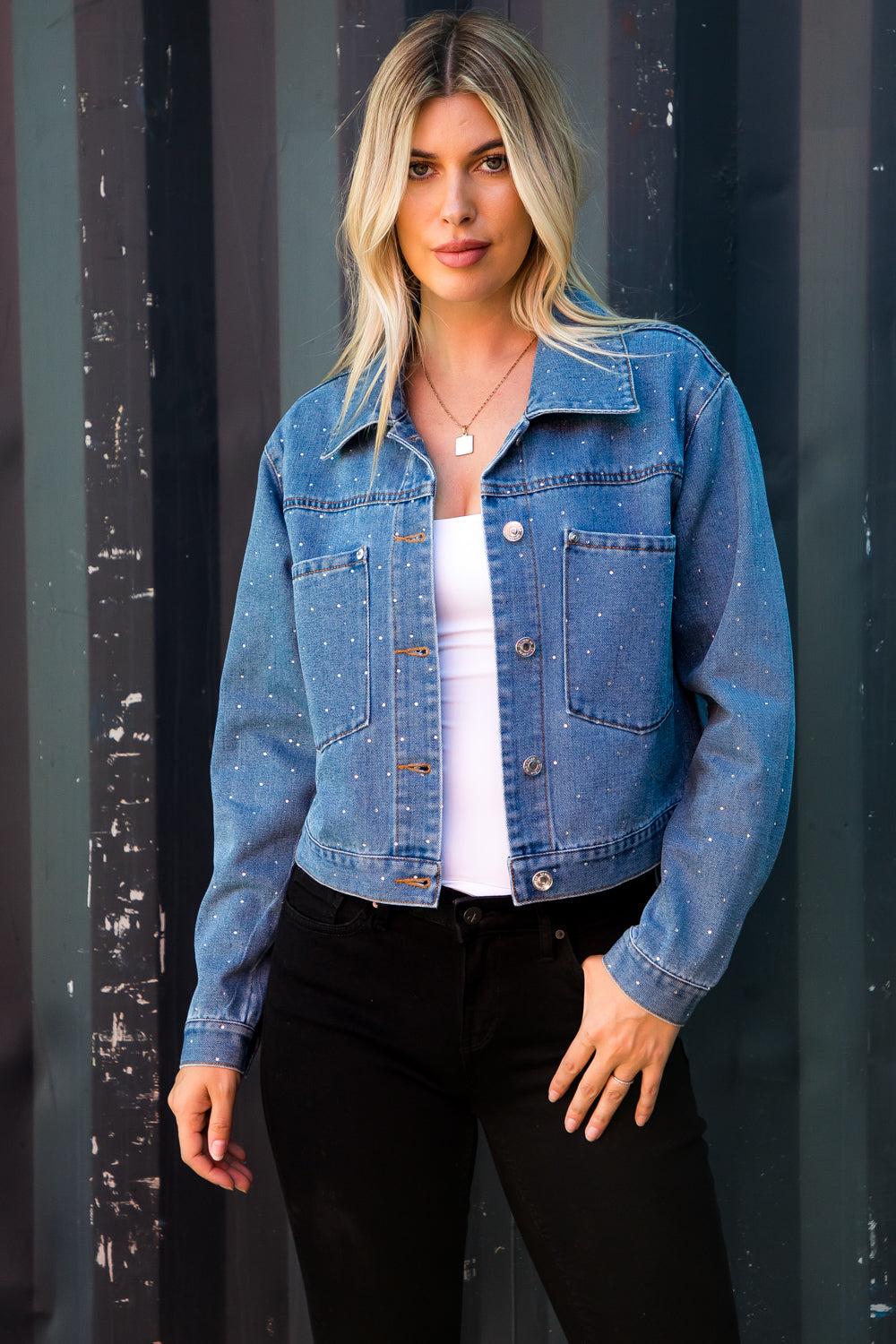 le bos 26 International Medium Wash Oversized Denim Trucker Jacket with Rhinestones 14997-MEDWSH