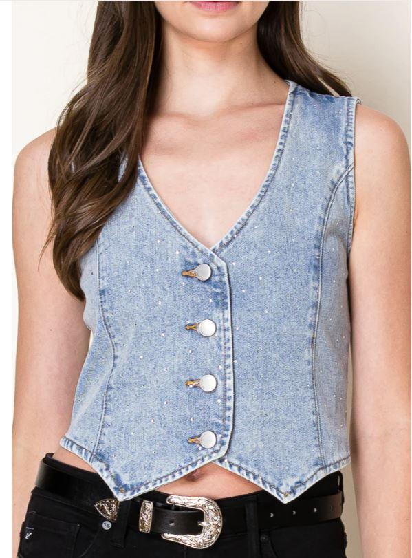 Le Bos 26 International Sun Lt Blue Washed Denim Women's Vest With Rhinestones 55500-LTBLUE