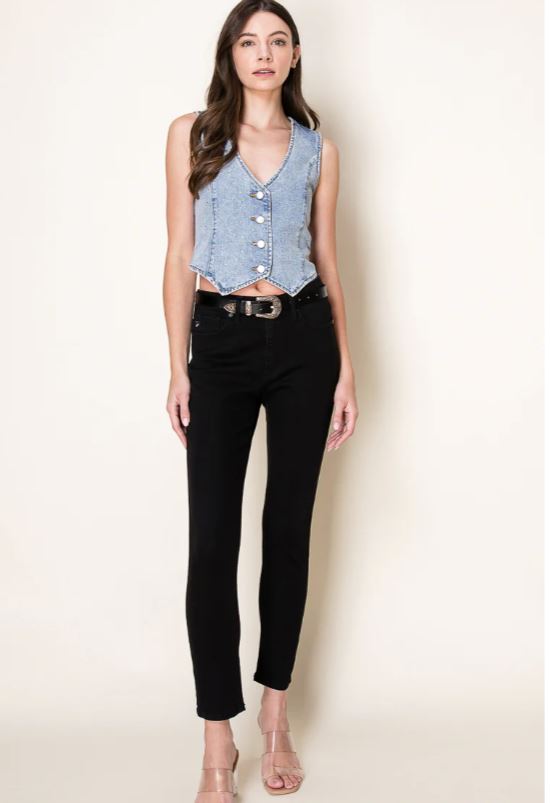 Le Bos 26 International Sun Lt Blue Washed Denim Women's Vest With Rhinestones 55500-LTBLUE