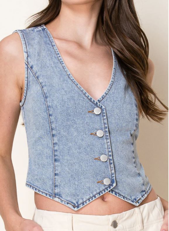Le Bos 26 International Sun Lt Blue Washed Denim Women's Fitted Vest 55498-LTBLUE