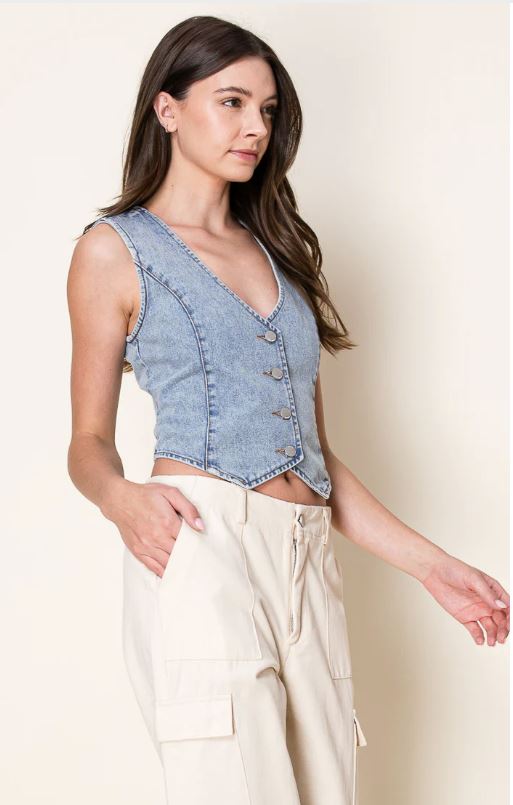 Le Bos 26 International Sun Lt Blue Washed Denim Women's Fitted Vest 55498-LTBLUE