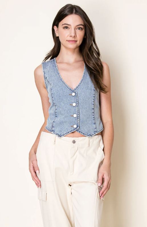 le bos 26 International Sun Lt Blue Washed Denim Women's Fitted Vest 55498-LTBLUE