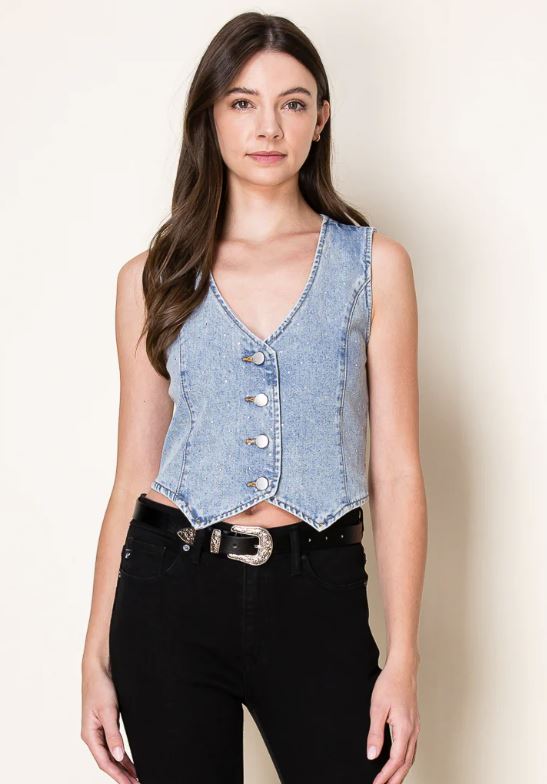 le bos 26 International Sun Lt Blue Washed Denim Women's Vest with Rhinestones 55500-LTBLUE