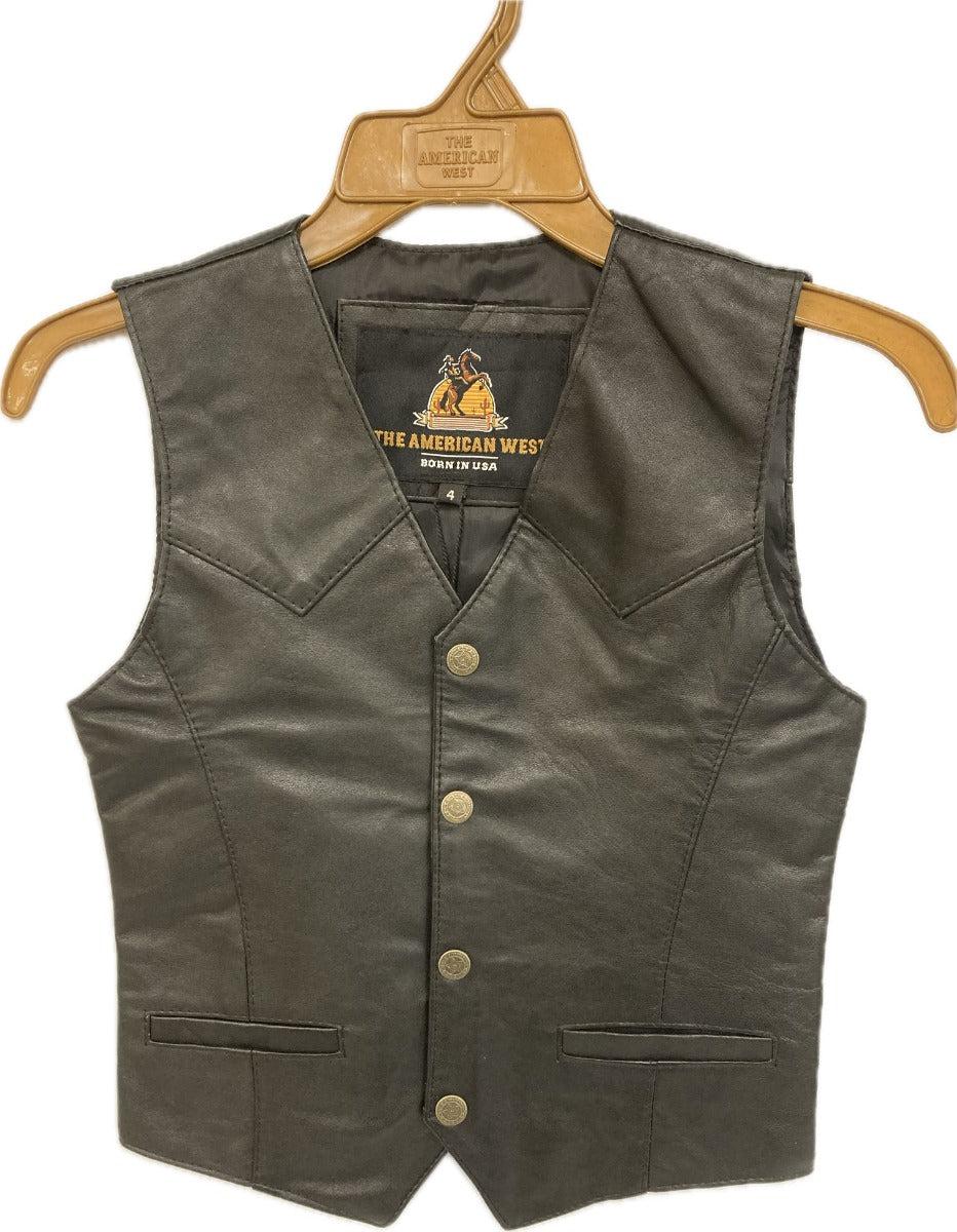 le bos American West Black Children's Lamb Leather V-Neck Vest AW-1425