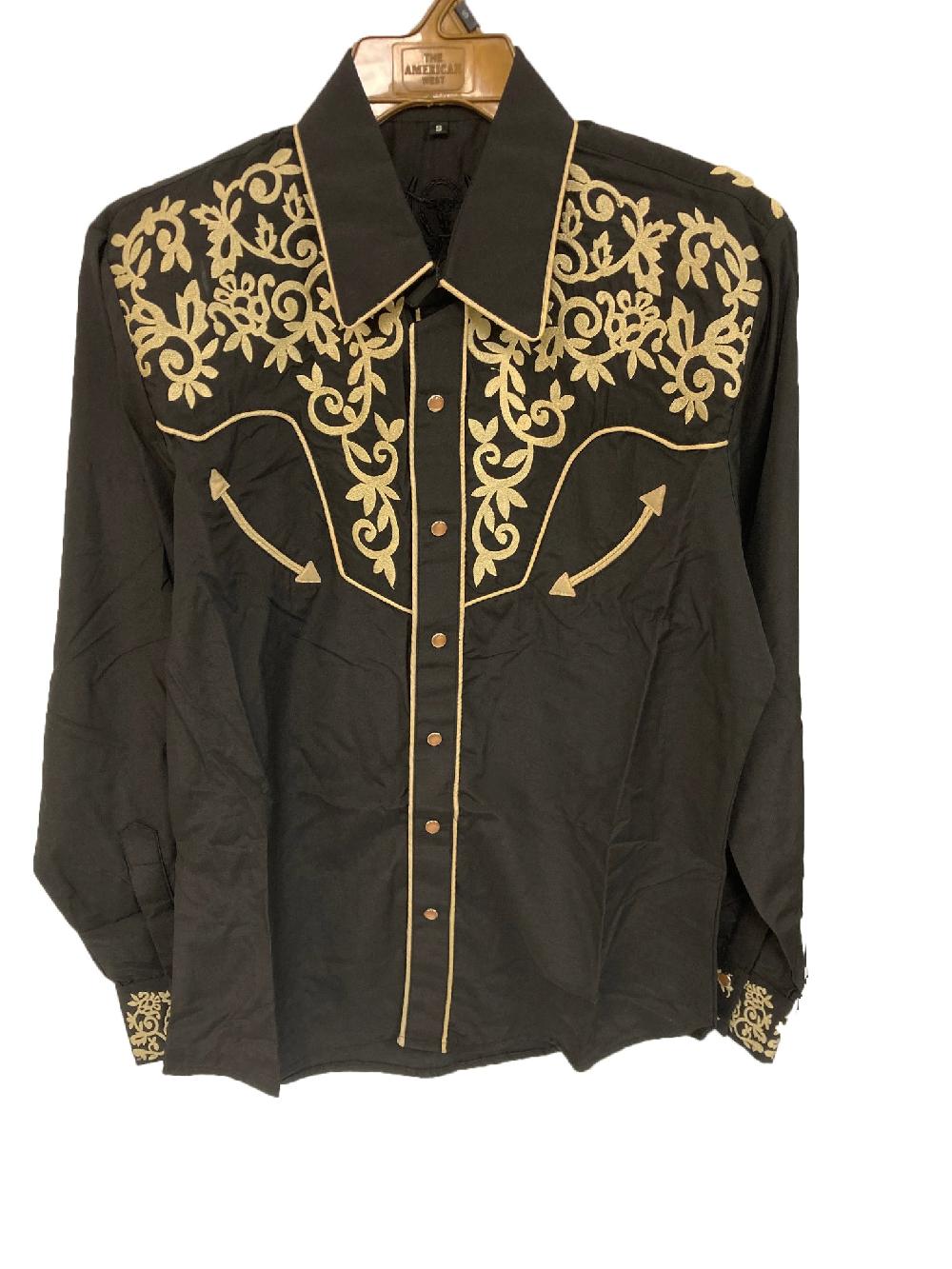 le bos American West Black/Gold Longsleeve Collared Men's Snap Shirt with Embroidery 1013-BG