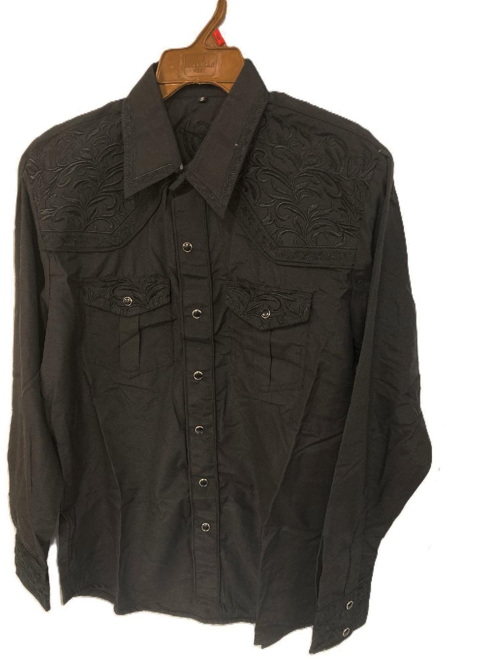 le bos American West Black Longsleeve Men's Shirt with Floral Embroidery 3005-BB