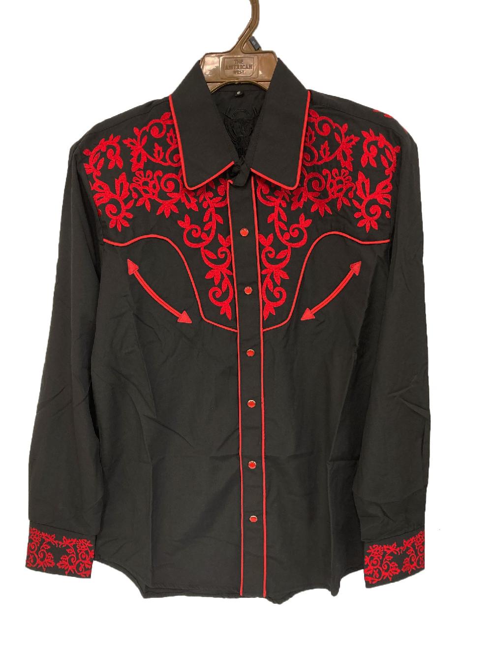 le bos American West Black/Red Men's Collared Longsleeve Shirt with Embroidery 1013-BR